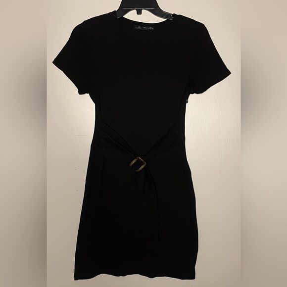 Zara ZC Woman- Black Ribbed Attached Belt High Neckline Mini Dress- Size L - Picture 1 of 6